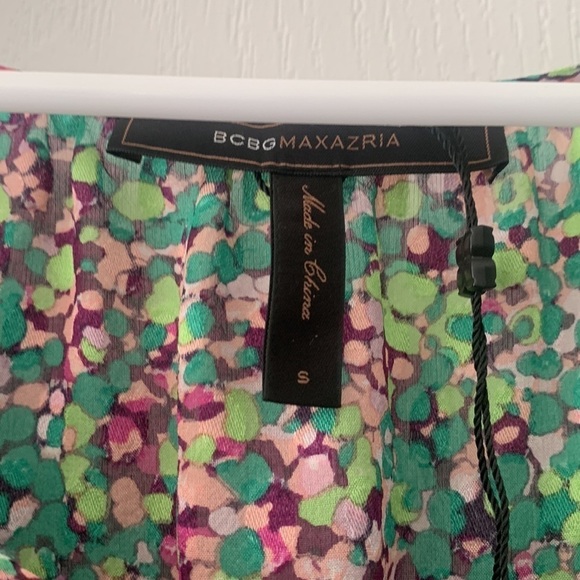 BCBGMAXAZRIA size S dotted mini dress 100% silk green purple layers tunic - Picture 3 of 15